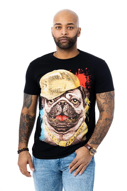 Heads or Tails Men's Cool Rich Pug Dog Rhinestone Studded Graphic Printed Short Sleeve T-Shirt Sharp Men's Italian
