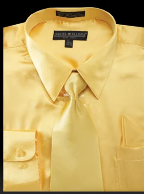 Satin Dress Shirt Convertible Cuff Regular Fit in Gold With Tie And Pocket Square Artistic Men's Avant Satin Dress Shirt Convertible Cuff Regular Fit in Gold With Tie And Pocket Square Artistic Men's Avant