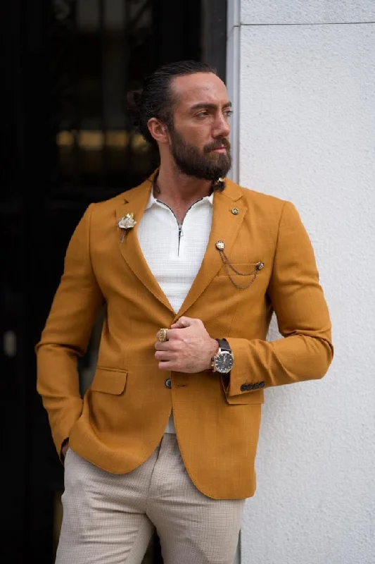 Light Mustard Slim Fit Notch Lapel Cotton Blazer for Effortless Elegance Vacation