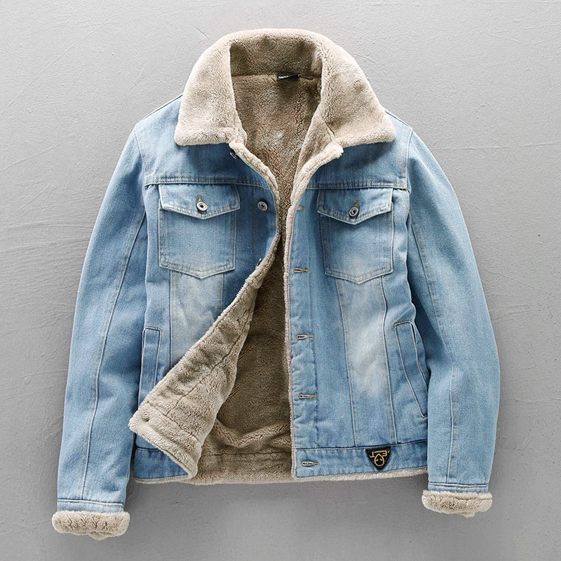 Lambskin Lined Denim Jacket Casual Men's Loose