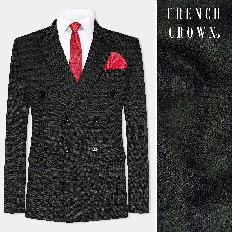 Heavy Green with Black Striped Wool Blend Double Breasted Blazer Tough Men's Tactical Heavy Green with Black Striped Wool Blend Double Breasted Blazer Tough Men's Tactical
