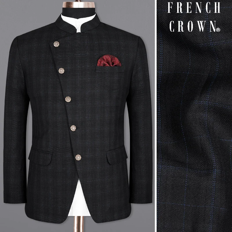 Mine Shaft Black Plaid Cross Placket Bandhgala Wool Rich Blazer Artistic Men's Avant Mine Shaft Black Plaid Cross Placket Bandhgala Wool Rich Blazer Artistic Men's Avant