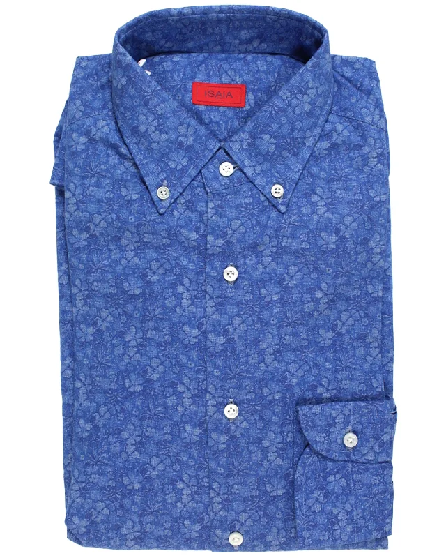 Isaia Sport Shirt Blue Floral Button Down 40 - 15 3/4 Regular Fit Polished Men's Silk Isaia Sport Shirt Blue Floral Button Down 40 - 15 3/4 Regular Fit Polished Men's Silk