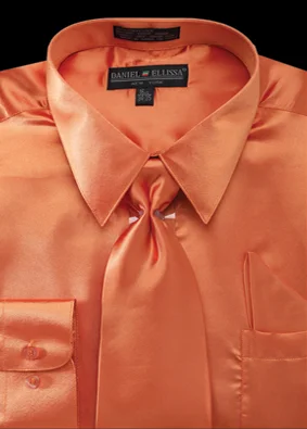 Satin Dress Shirt Convertible Cuff Regular Fit in Orange With Tie And Pocket Square Dynamic Men's Moto Satin Dress Shirt Convertible Cuff Regular Fit in Orange With Tie And Pocket Square Dynamic Men's Moto