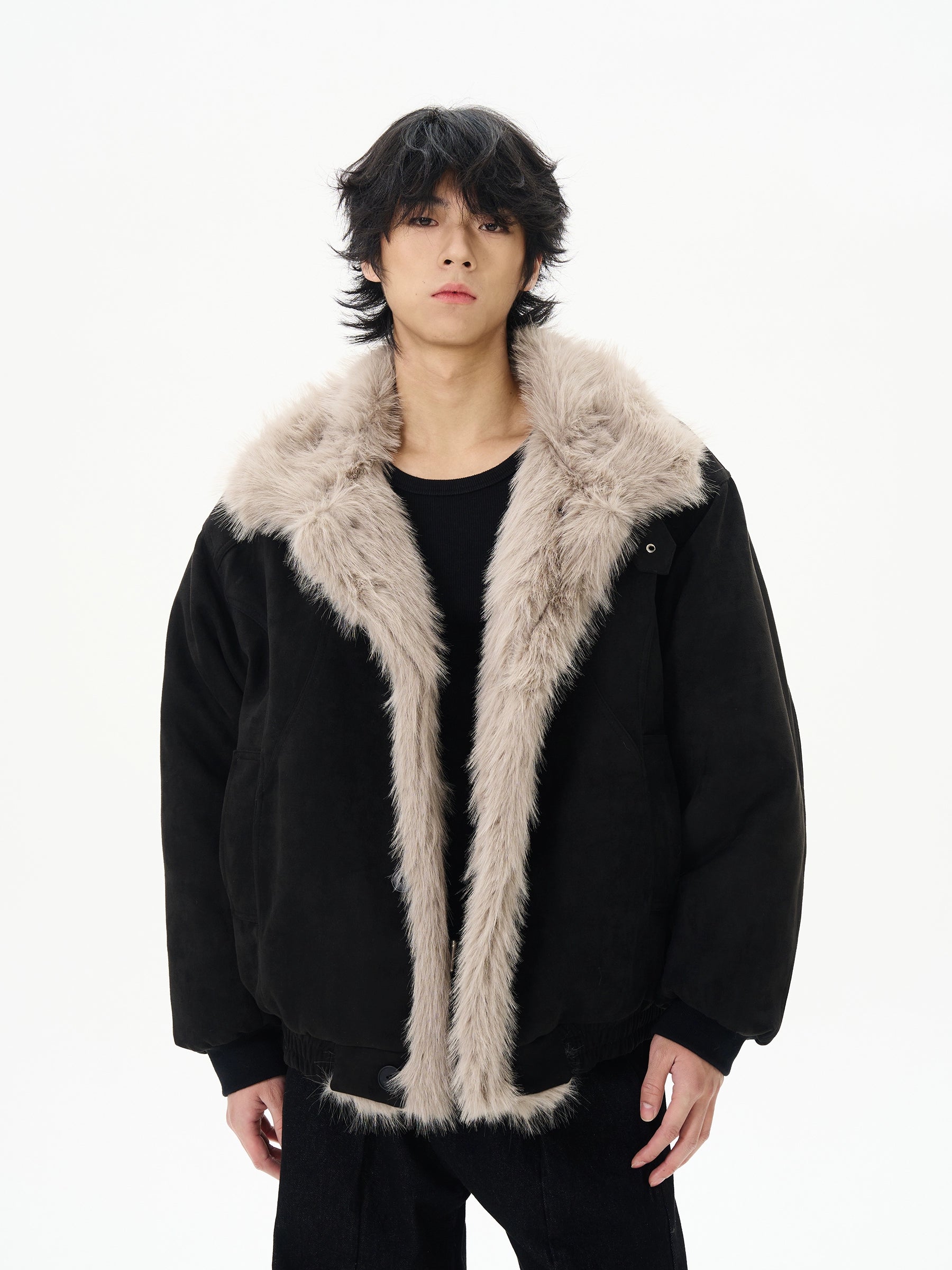 Insulated Suede Jacket with Fur Trim Modern Men's Geometric
