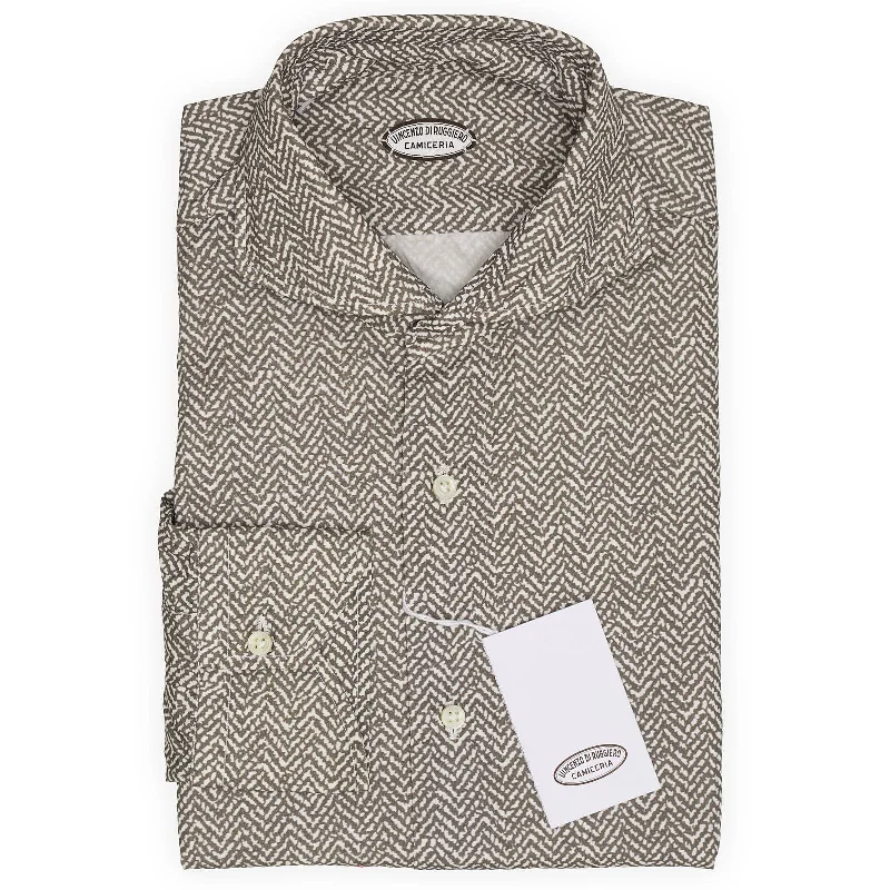 VINCENZO DI RUGGIERO Handmade Brown Herringbone Cotton Dress Shirt NEW Casual Men's Loose VINCENZO DI RUGGIERO Handmade Brown Herringbone Cotton Dress Shirt NEW Casual Men's Loose