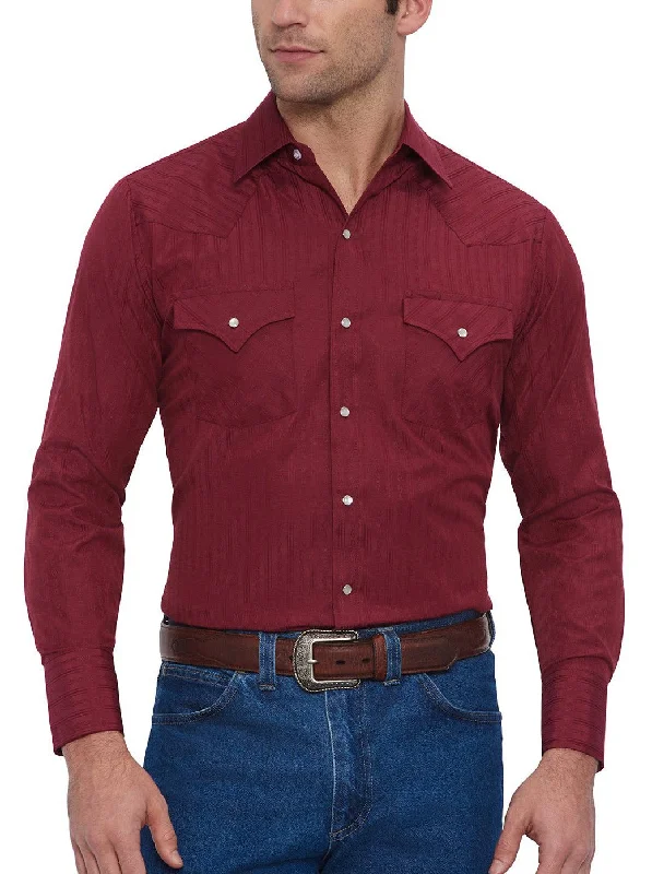 Burgundy Long Sleeve Tone on Tone Western Shirt Elegant Men's Formal 
