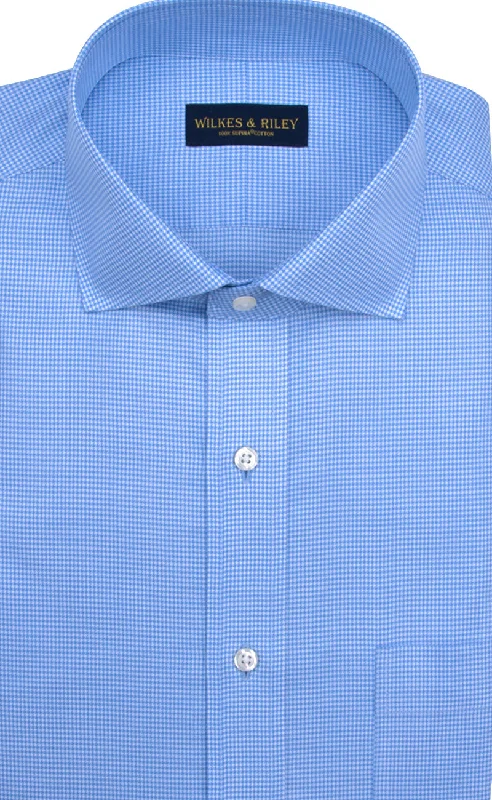 Classic fit Blue Houndstooth English Spread Collar Supima® Cotton Non-Iron Twill Dress Shirt Streetwear Style Classic fit Blue Houndstooth English Spread Collar Supima® Cotton Non-Iron Twill Dress Shirt Streetwear Style