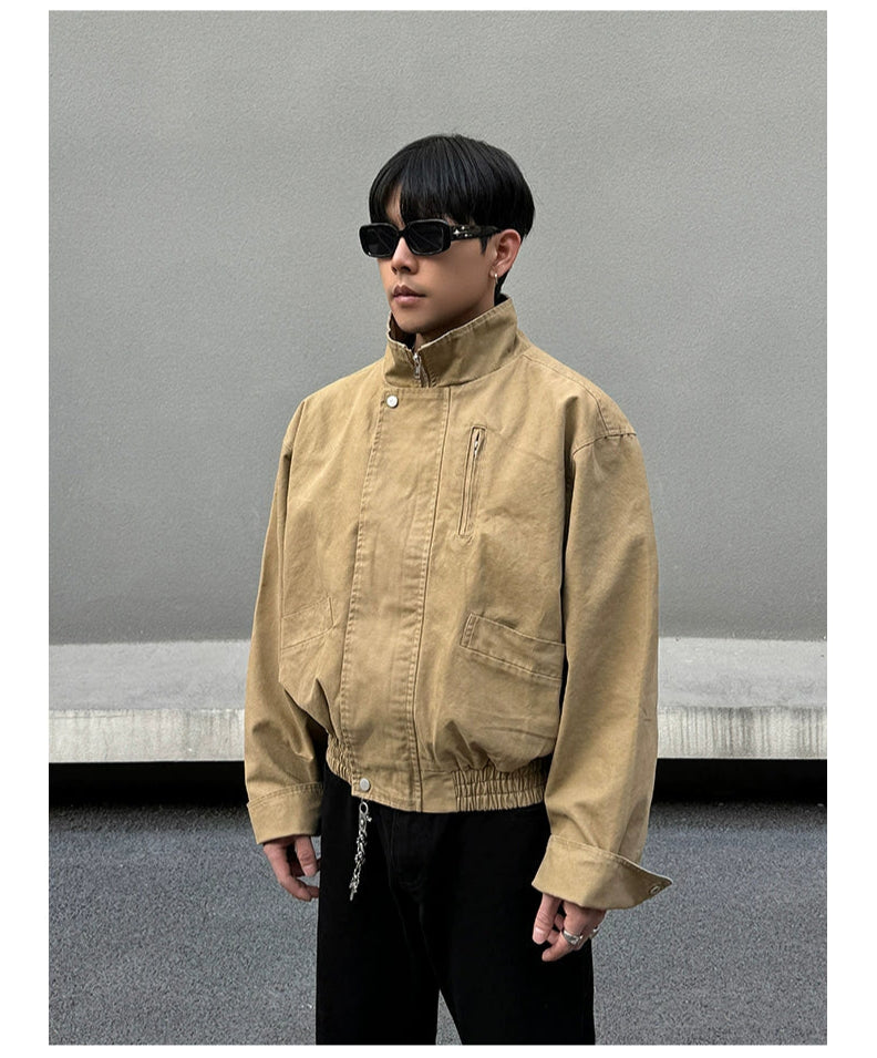 Khaki Stand Collar Jacket Tough Men's Tactical
