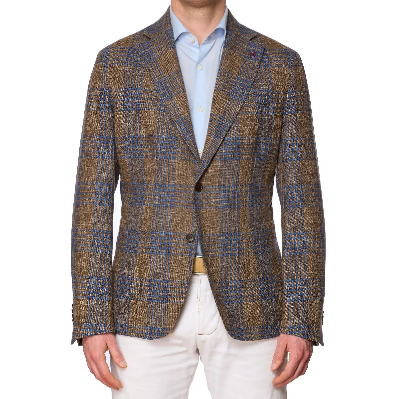 SARTORIA PARTENOPEA Brown-Blue Plaid Wool-Silk-Cotton Jacket NEW Current Model Hip Men's Retro SARTORIA PARTENOPEA Brown-Blue Plaid Wool-Silk-Cotton Jacket NEW Current Model Hip Men's Retro
