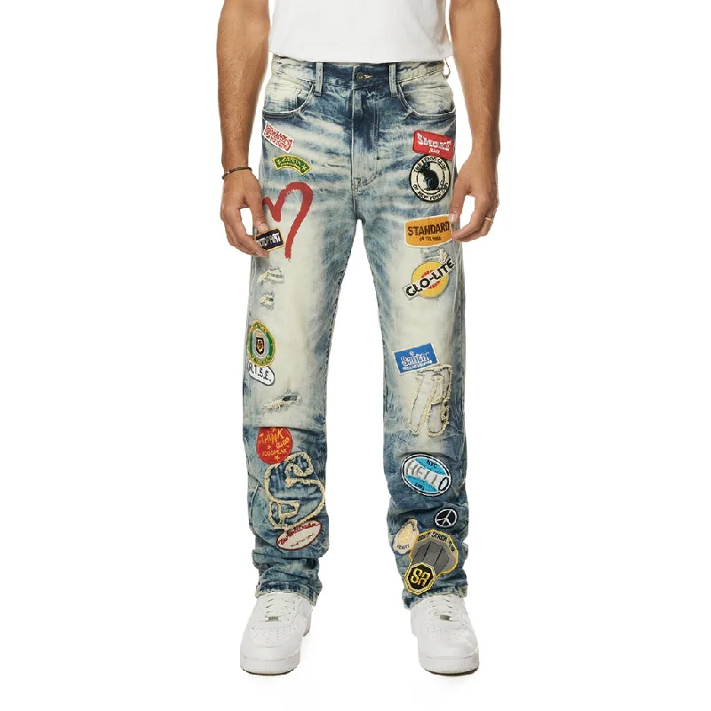 Retro Embroidered Multi Patched Jeans - Metro Blue Earthy Men's Hemp