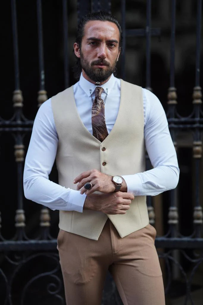 Stefano Slim Fit Beige Plaid Vest for Modern Gentlemen Business