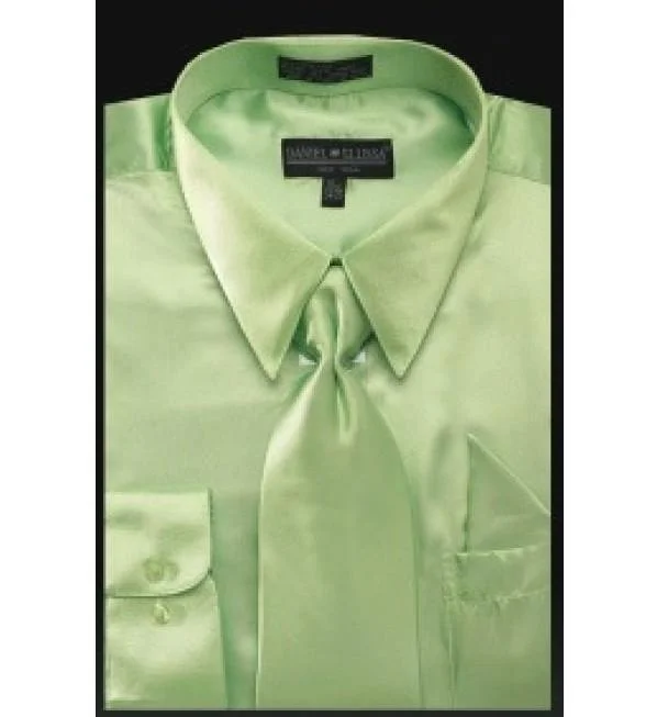 Satin Dress Shirt Convertible Cuff Regular Fit In Apple Green With Tie and Pocket Square Refined Men's European Satin Dress Shirt Convertible Cuff Regular Fit In Apple Green With Tie and Pocket Square Refined Men's European