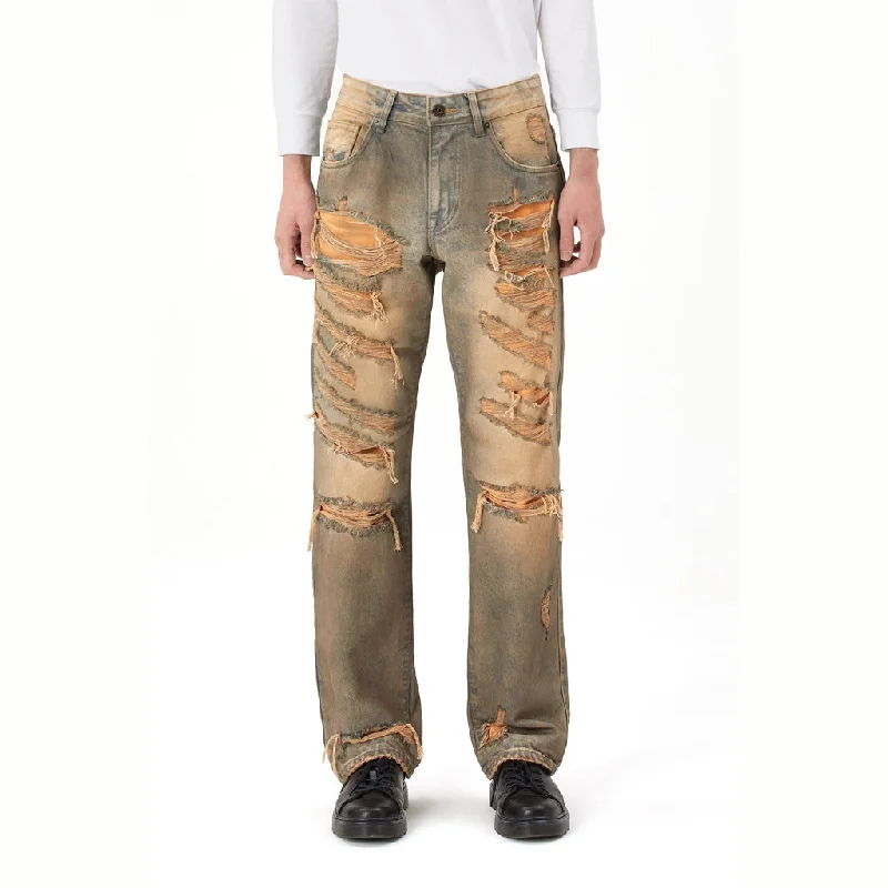 Semi Wide Curved Rip & Repair Jeans - Brown Blue Bohemian Men's Free