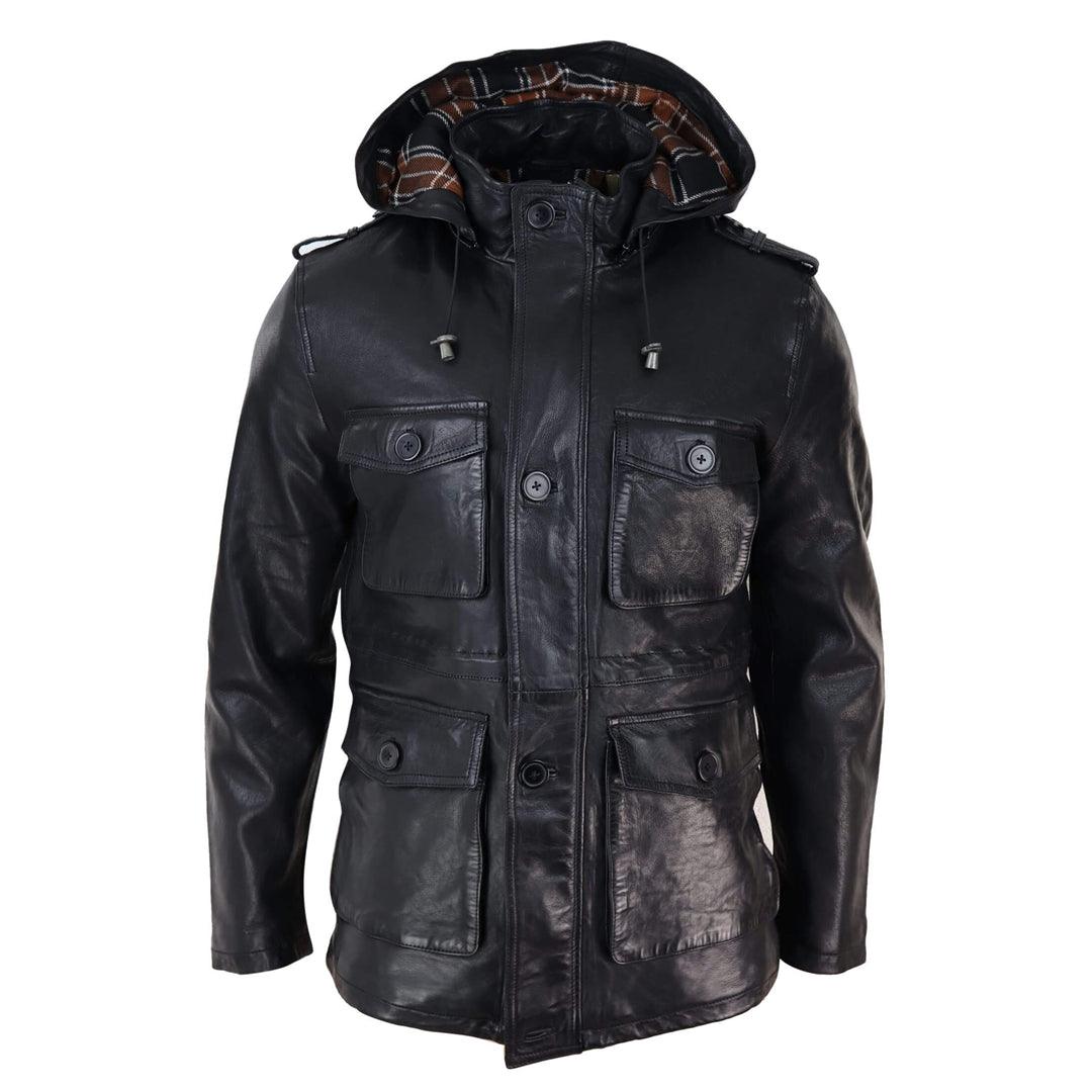 Mens 3/4 Long Real Leather Duffle Jacket Coat Safari Detachable Hood Military Tough Men's Tactical Mens 3/4 Long Real Leather Duffle Jacket Coat Safari Detachable Hood Military Tough Men's Tactical