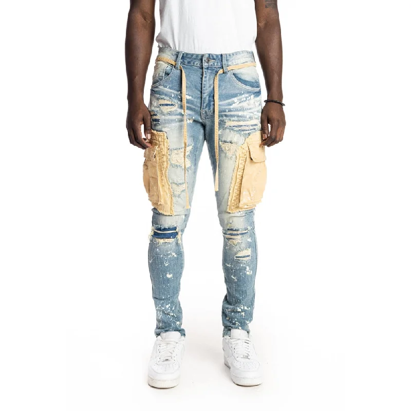 Slim Tapered Belted Cargo Jeans - Brighton Blue Sporty Men's Athleisure 