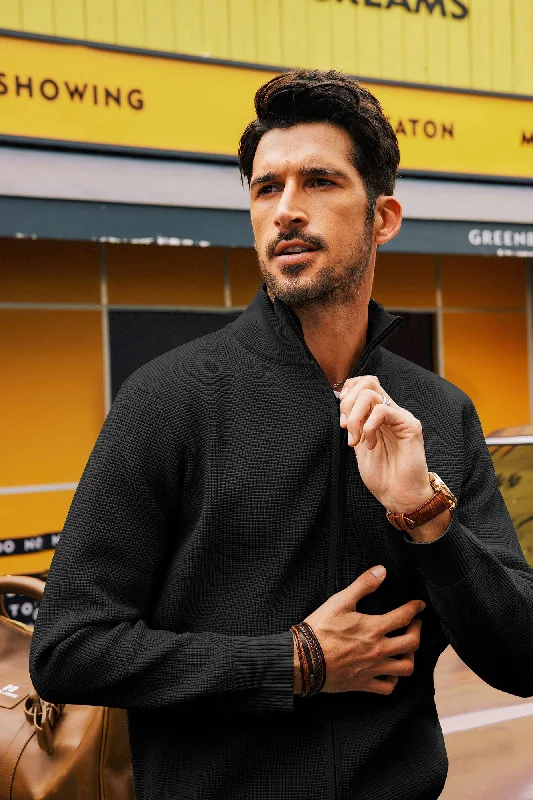 Men Waffle Textured Cardigan Long Sleeve Stand Collar Zip-up Sweater Knitwear Sleek Men's Metallic