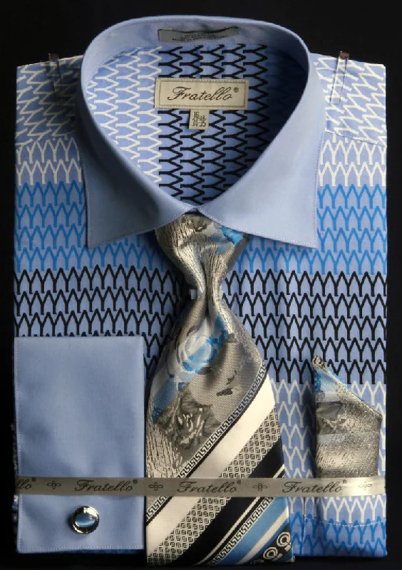 French Cuff Printed Tone on Tone Shirt in Blue with Tie, Cuff Links and Pocket Square Beach French Cuff Printed Tone on Tone Shirt in Blue with Tie, Cuff Links and Pocket Square Beach