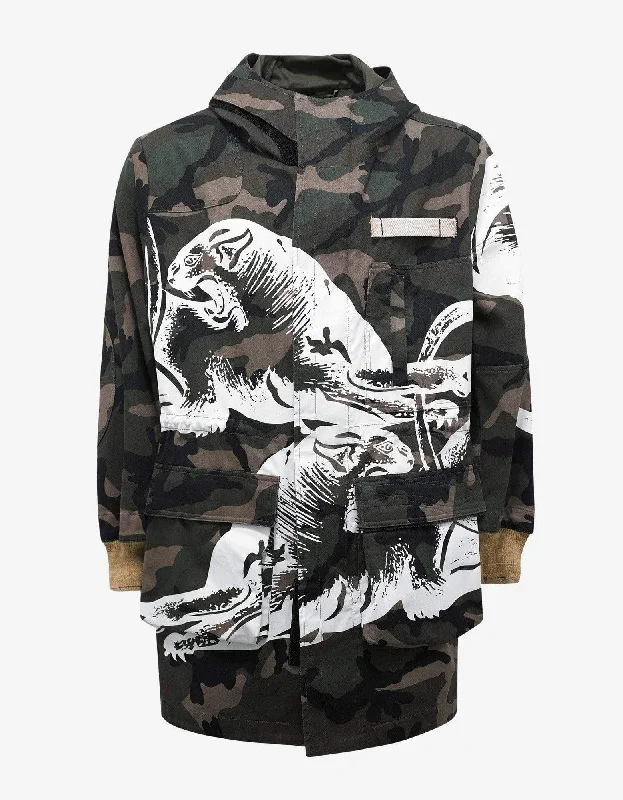 Valentino Garavani Green Camo & Panther Print Parka Polished Men's Silk
