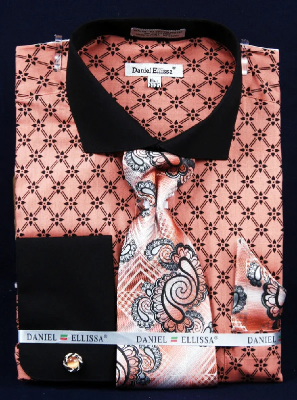 French Cuff Printed Two Tone Shirt in Coral with Tie, Cuff Links and Pocket Square Monochromatic All French Cuff Printed Two Tone Shirt in Coral with Tie, Cuff Links and Pocket Square Monochromatic All