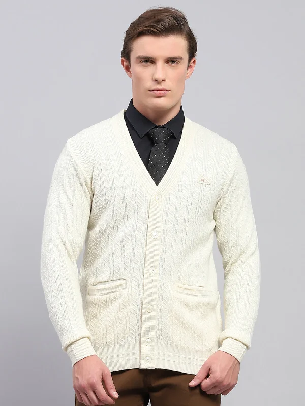 Men White Self Design V Neck Full Sleeve Cardigan Refined Men's European