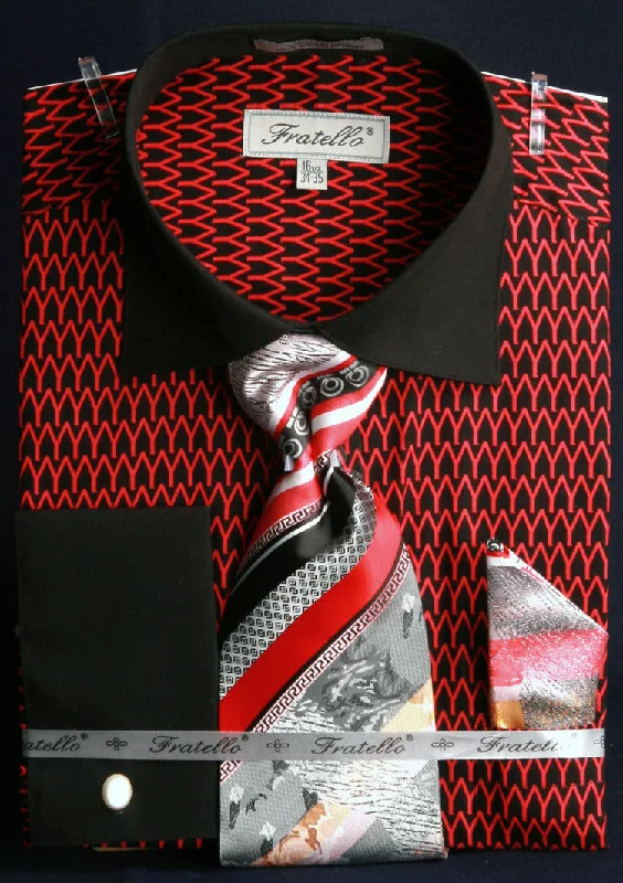 French Cuff Printed Tone on Tone Shirt in Black/Red with Tie, Cuff Links, and Pocket Square Practical Men's Multi French Cuff Printed Tone on Tone Shirt in Black/Red with Tie, Cuff Links, and Pocket Square Practical Men's Multi