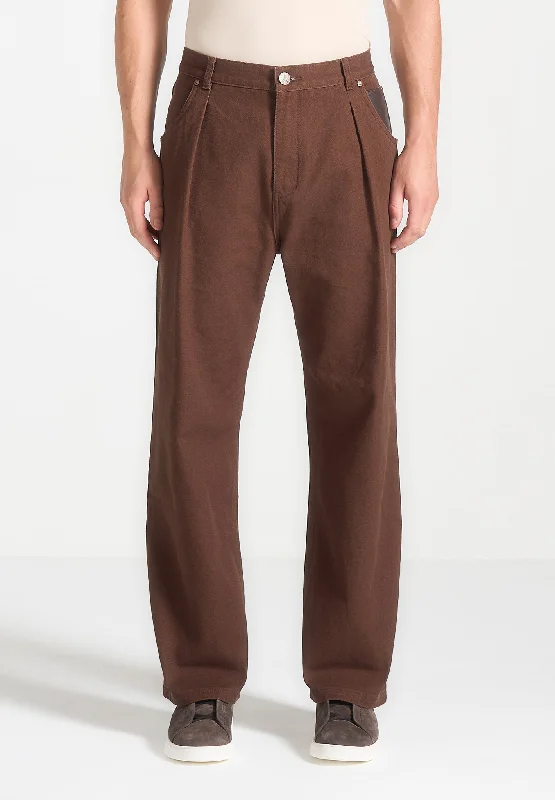 Relaxed Fit Pleated Gabardine Jeans - Brown Traditional Men's Country