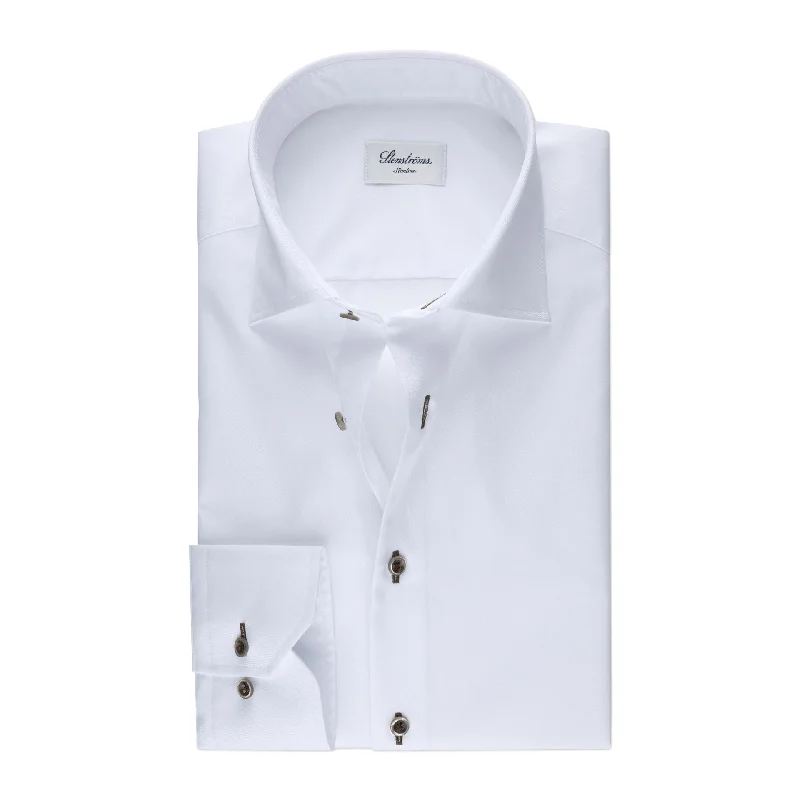 White Twill Slimline Shirt with Contrast Buttons and Buttonholes - Stenströms Confident Men's High White Twill Slimline Shirt with Contrast Buttons and Buttonholes - Stenströms Confident Men's High