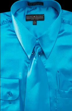Satin Dress Shirt Convertible Cuff Regular Fit in Turquoise With Tie And Pocket Square Trendy Men's Scandinavian Satin Dress Shirt Convertible Cuff Regular Fit in Turquoise With Tie And Pocket Square Trendy Men's Scandinavian