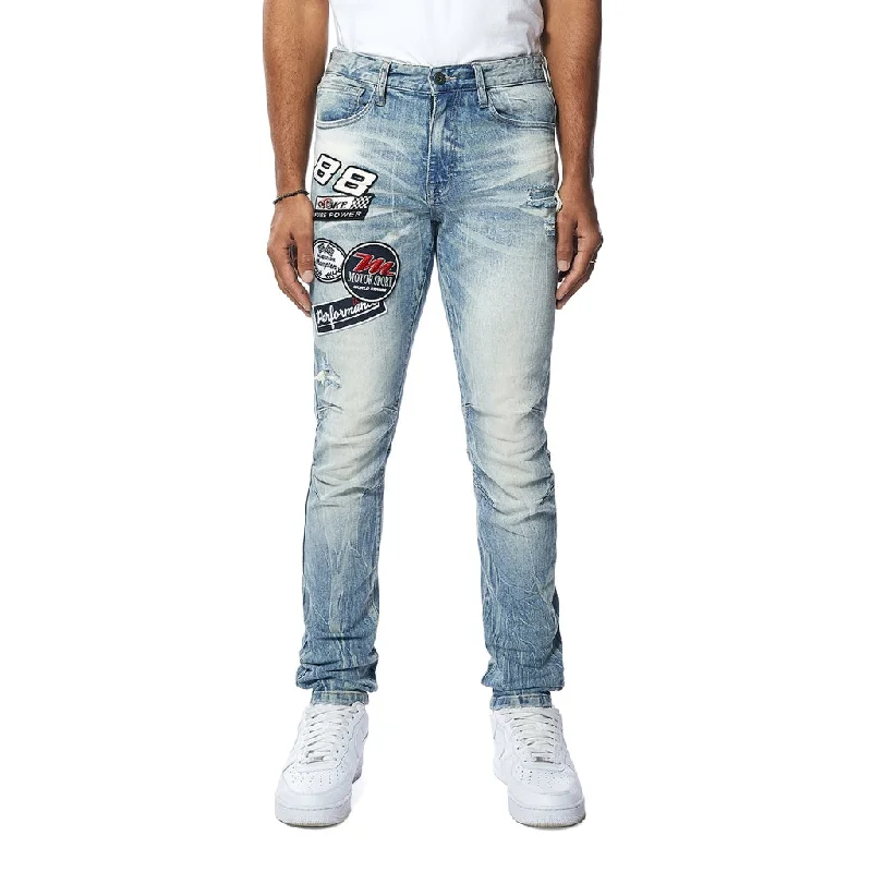 Slim Embroidered Patched Racing Jeans - Beacon Blue Bold Men's Statement