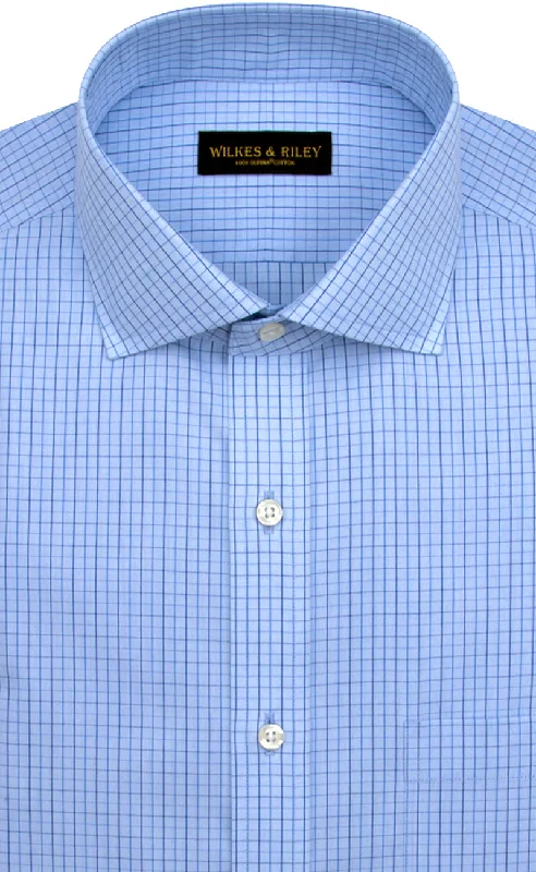Slim Fit Light Blue Ground Navy Check English Spread Collar Supima® Cotton Non-Iron Broadcloth Refined Men's Classic Slim Fit Light Blue Ground Navy Check English Spread Collar Supima® Cotton Non-Iron Broadcloth Refined Men's Classic