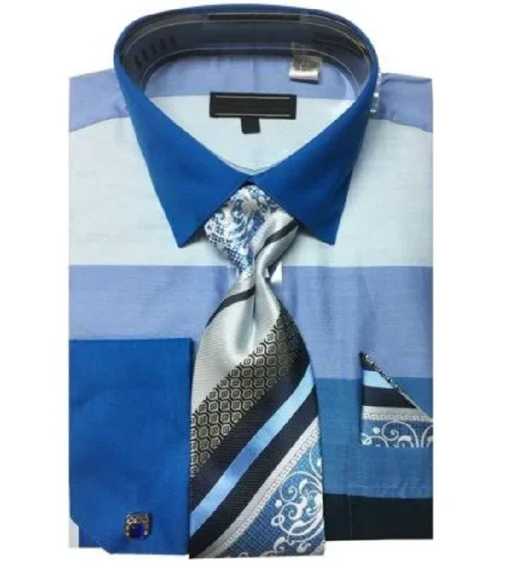 French Cuff Shirt in Blue with Tie, Cuff Links, and Pocket Square Casual Men's Loose French Cuff Shirt in Blue with Tie, Cuff Links, and Pocket Square Casual Men's Loose