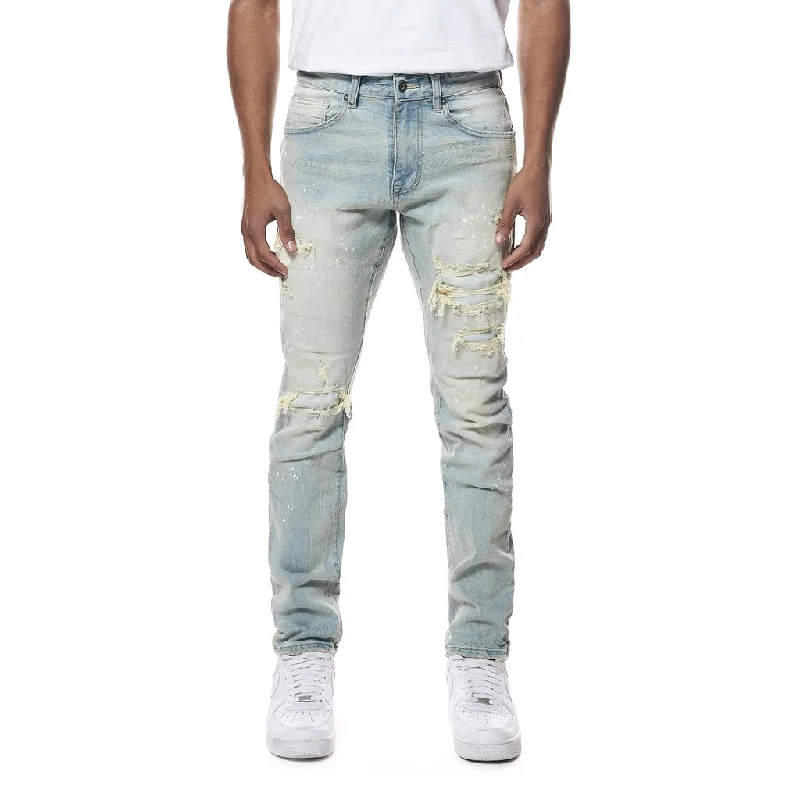 Slim Tapered Distressed Rip & Repair Jeans - Elm Blue Rugged Men's Outdoor 