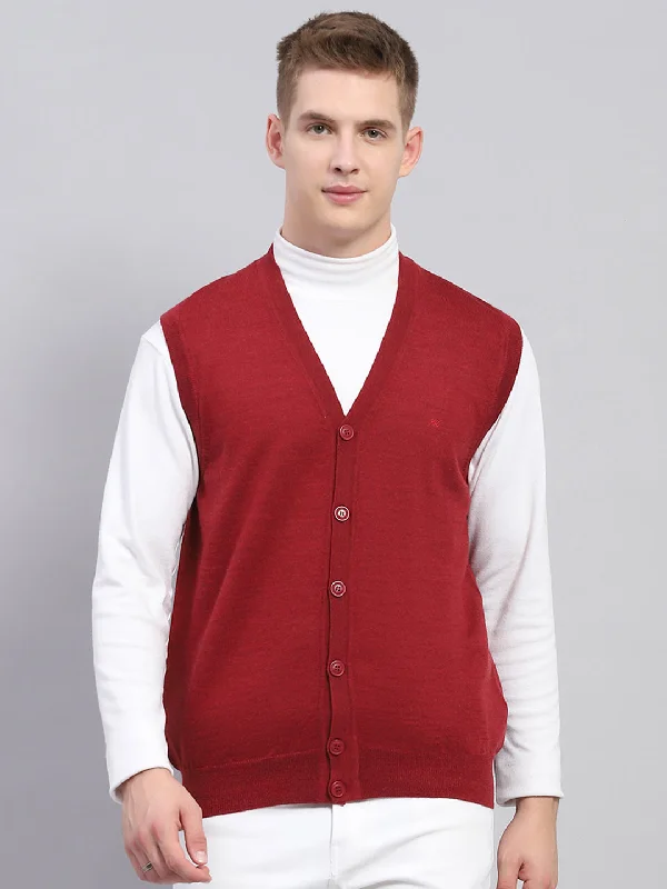 Men Maroon Solid V Neck Sleeveless Cardigan Monochromatic Office Style