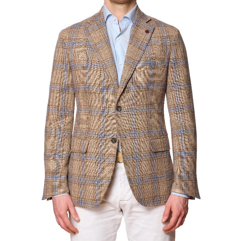 SARTORIA PARTENOPEA Beige-Blue Plaid Wool-Silk Jacket NEW Current Model Trendy Men's Bucket SARTORIA PARTENOPEA Beige-Blue Plaid Wool-Silk Jacket NEW Current Model Trendy Men's Bucket