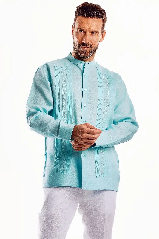 Mojito Men's 100% Linen Mandarin Collar Guayabera Chacabana Shirt Long Sleeve with Embroidery Trim Accent Business