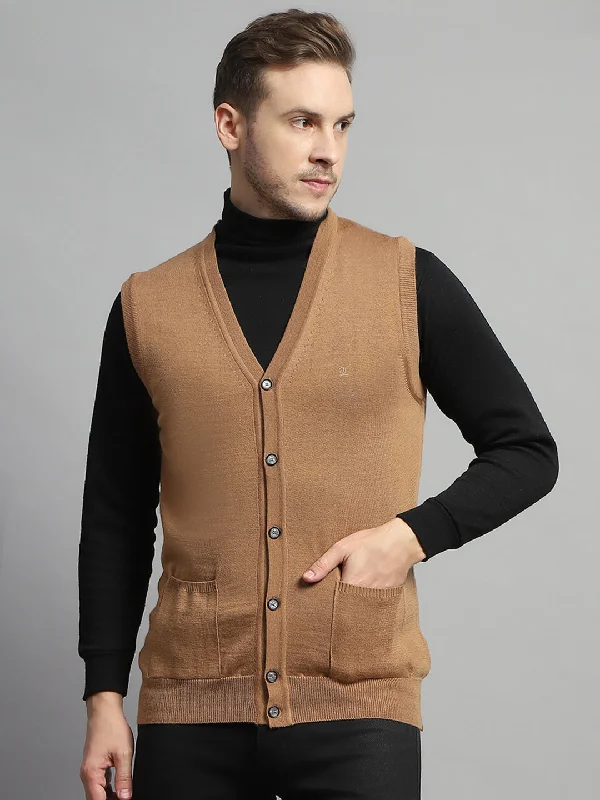 Men Beige Solid V Neck Sleeveless Cardigan Cclassic Men's Tweed