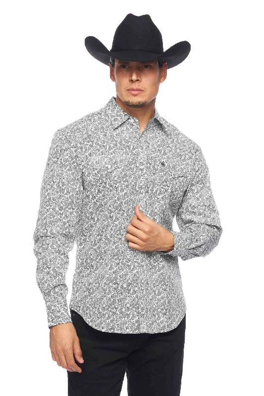 Men's White w/ Black Paisley Western Shirt Athletic Men's Compression