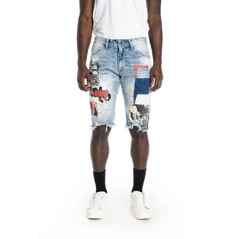 12" Slim Twill Applique Fashion Jean Shorts - Canal Blue Unique Men's Upcycled