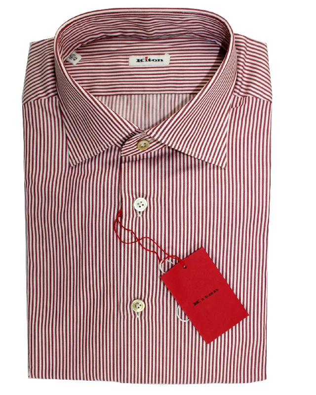 Kiton Shirt White Maroon Stripes Moderate Spread Collar 42 - 16 1/2 Preppy Men's College Kiton Shirt White Maroon Stripes Moderate Spread Collar 42 - 16 1/2 Preppy Men's College