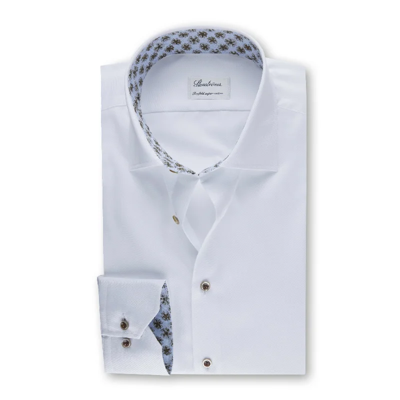 White Slimline Shirt with Floral Trim & Contrast Buttons - Stenströms Masculine Men's White Slimline Shirt with Floral Trim & Contrast Buttons - Stenströms Masculine Men's