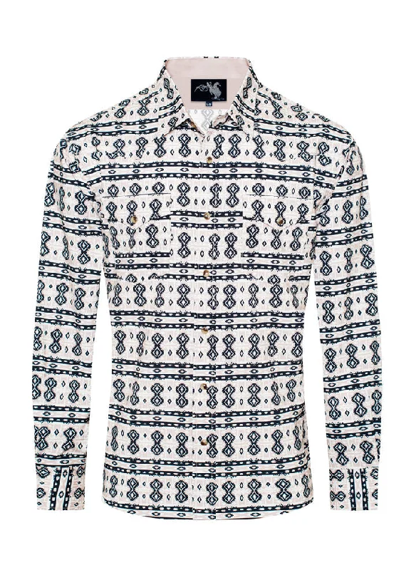 Men's Khaki/Cream/Black Aztec Print Pearl Snap Western Shirt Monochromatic Office Style