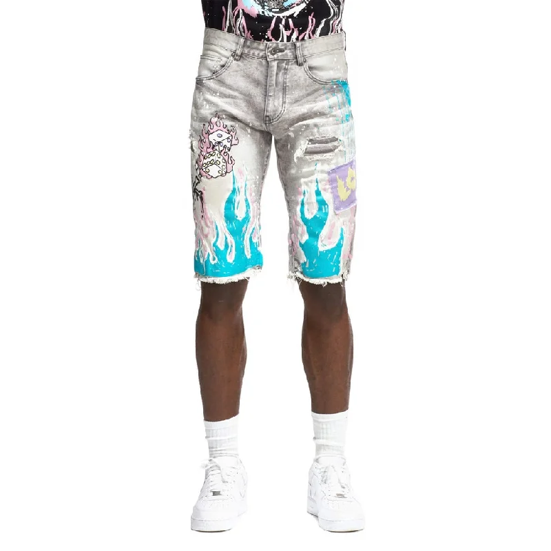 12" Slim Flame Graphic Jean Shorts - Frost Grey Sophisticated Men's French