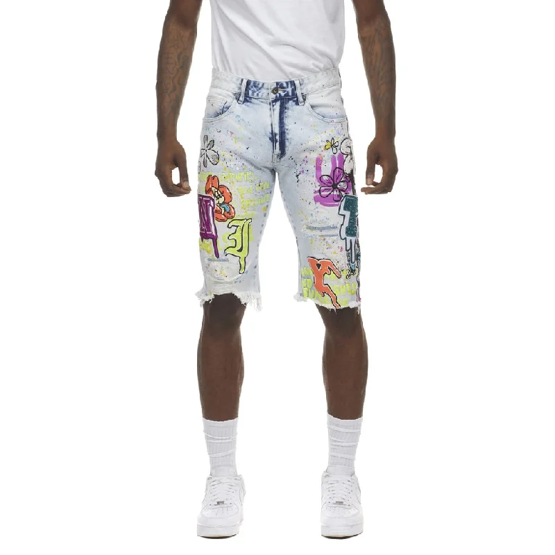 13" Slim Daisy Graffiti Jean Shorts - Plaster Blue Edgy Men's Punk