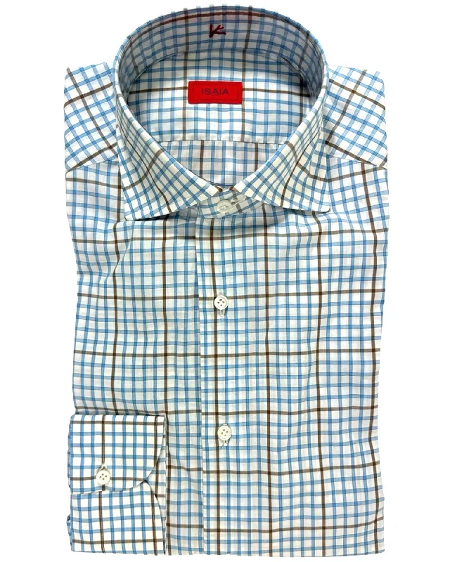 Isaia Shirt White Blue Brown Check 39 - 15 1/2 Regular Fit SALE Confident Men's High Isaia Shirt White Blue Brown Check 39 - 15 1/2 Regular Fit SALE Confident Men's High