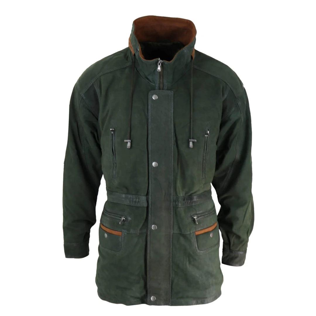Mens Suede Genuine Safari Jacket Hunting Duffle Parka 3/4 Coat Classic Leather Refined Men's Classic Mens Suede Genuine Safari Jacket Hunting Duffle Parka 3/4 Coat Classic Leather Refined Men's Classic