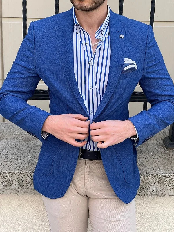 Hazel Royal Blue Slim Fit Peak Lapel Crosshatch Linen Blazer for Men Elegant Men's Cashmere Hazel Royal Blue Slim Fit Peak Lapel Crosshatch Linen Blazer for Men Elegant Men's Cashmere