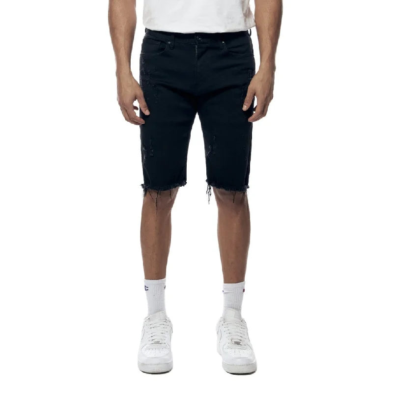 12" Slim Gunshot & Grinding Effects Jean Shorts - Black Polished Men's Satin