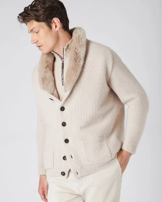 Men's Fur Lined Shawl Cashmere Cardigan Heather Beige Brown Dynamic Men's Moto