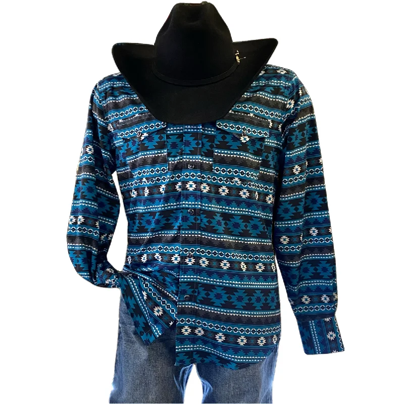 Men's Western Pearl Snap Turquoise Aztec Print Shirt Streetwear Style